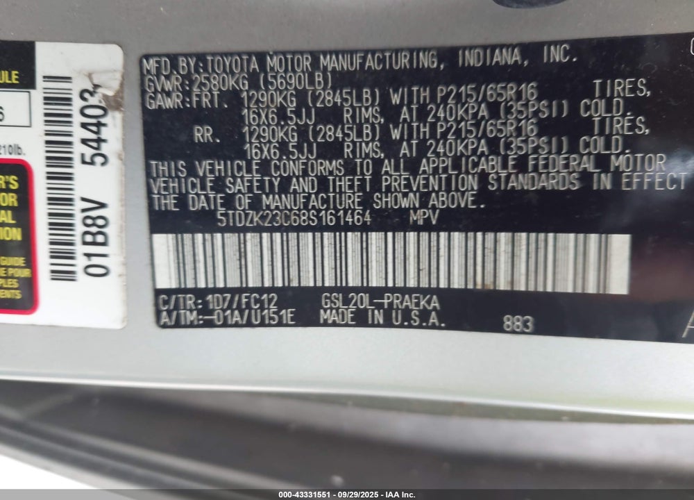 2008 TOYOTA SIENNA LE VIN: 5TDZK23C68S161464
