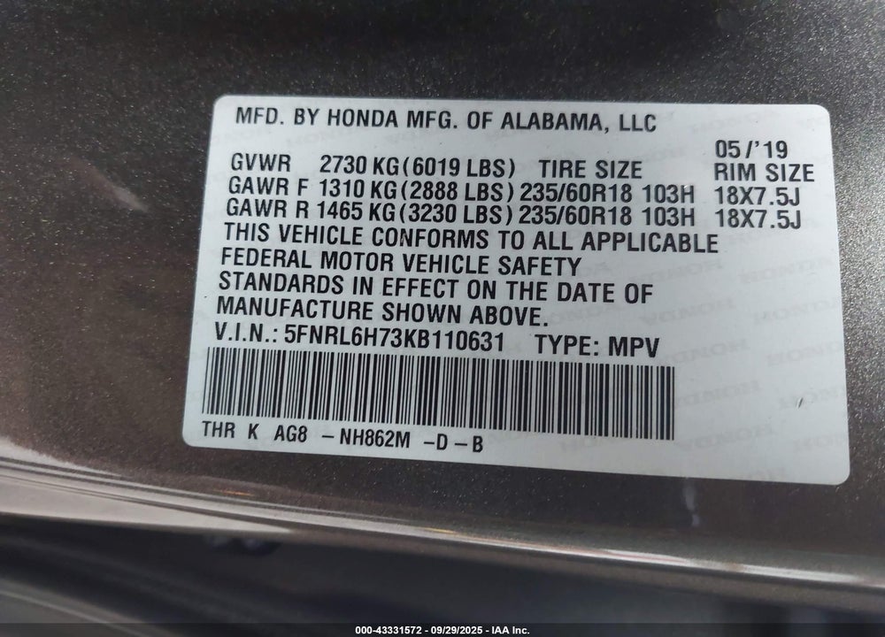 2019 HONDA ODYSSEY EX-L VIN: 5FNRL6H73KB110631