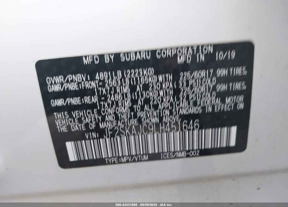 2020 SUBARU FORESTER PREMIUM VIN: JF2SKAJC9LH451646
