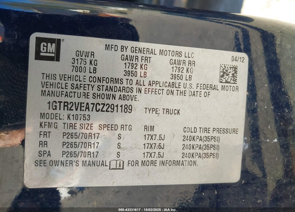 2012 GMC SIERRA 1500 VIN: 1GTR2VEA7CZ291189