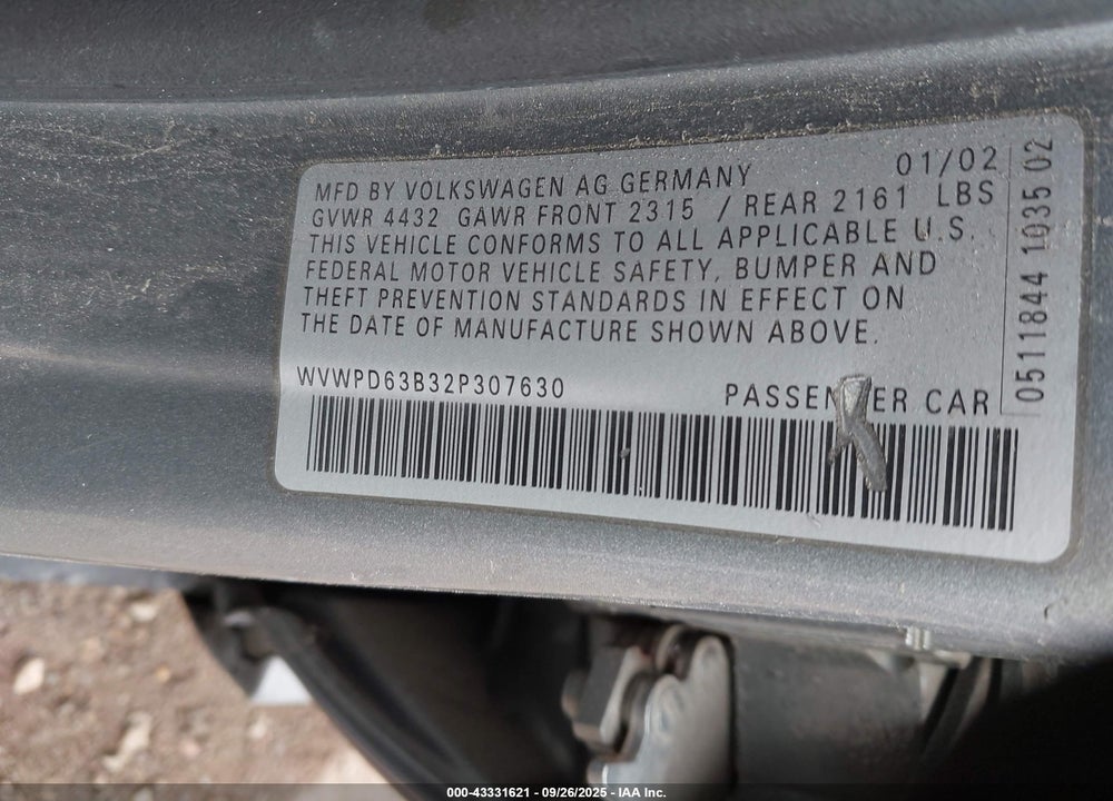 2002 VOLKSWAGEN PASSAT GLS VIN: WVWPD63B32P307630