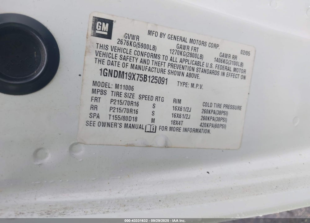 2005 CHEVROLET ASTRO VIN: 1GNDM19X75B125091