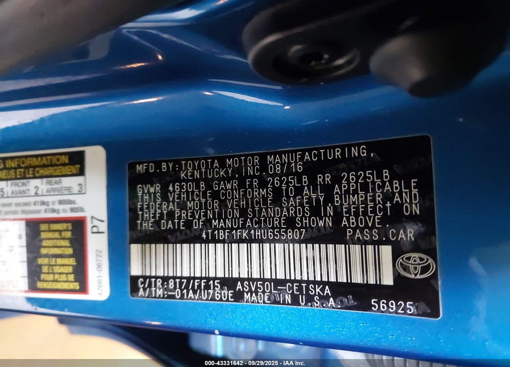 2017 TOYOTA CAMRY VIN: 4T1BF1FK1HU655807