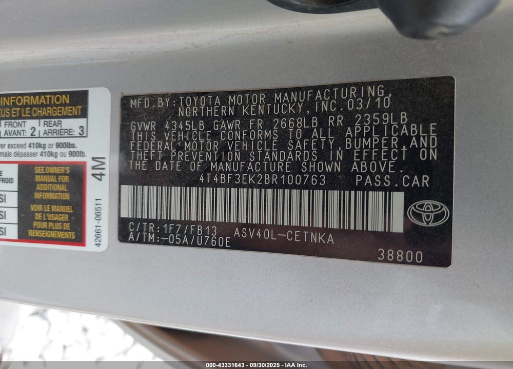 2011 TOYOTA CAMRY LE VIN: 4T4BF3EK2BR100763