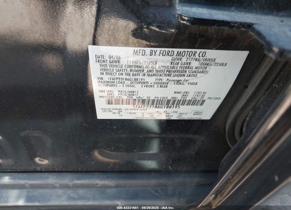 2006 FORD FIVE HUNDRED SE VIN: 1FAFP23186G188195