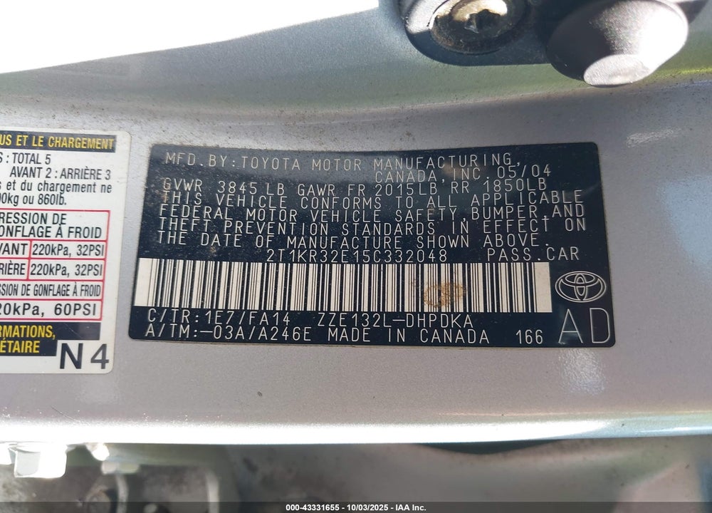 2005 TOYOTA MATRIX VIN: 2T1KR32E15C332048