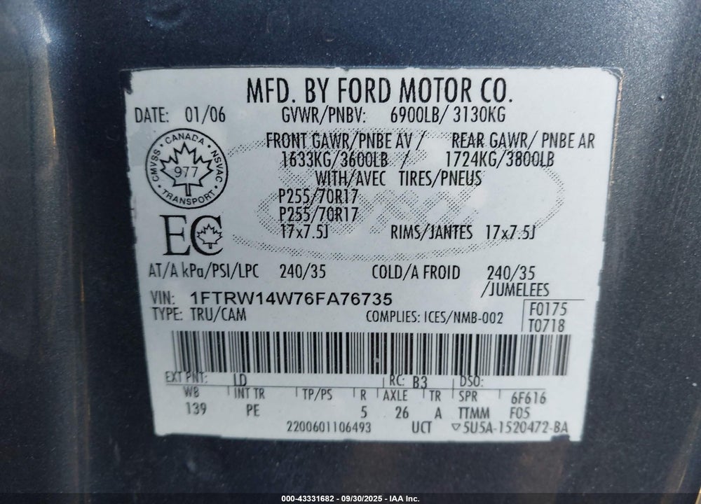 2006 FORD F-150 XLT VIN: 1FTRW14W76FA76735