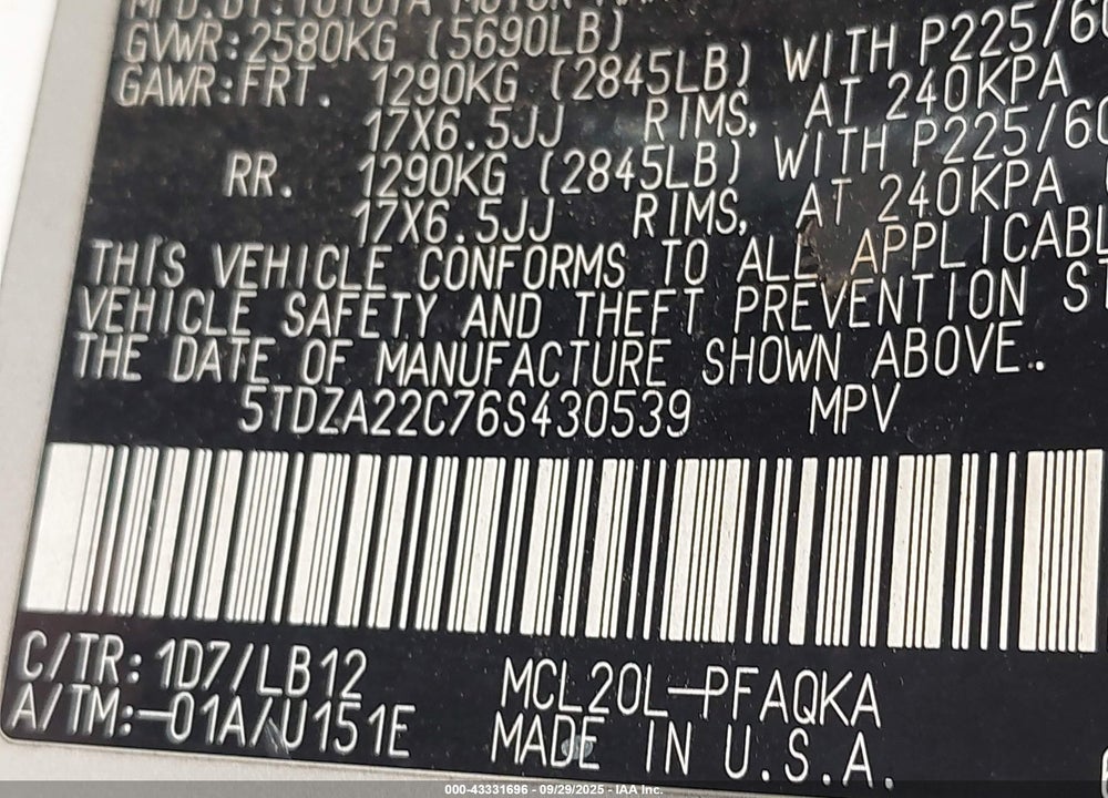 2006 TOYOTA SIENNA XLE VIN: 5TDZA22C76S430539