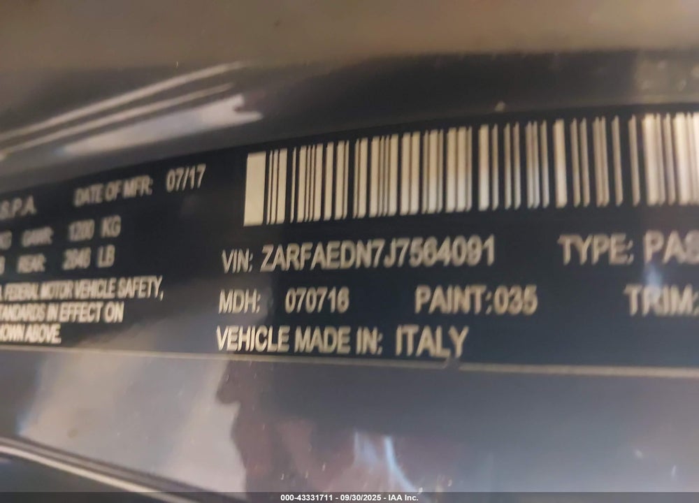 2018 ALFA ROMEO GIULIA AWD VIN: ZARFAEDN7J7564091