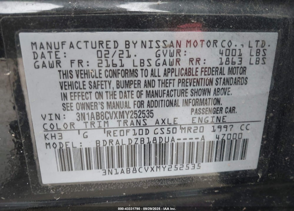 2021 NISSAN SENTRA SV XTRONIC CVT VIN: 3N1AB8CVXMY252535
