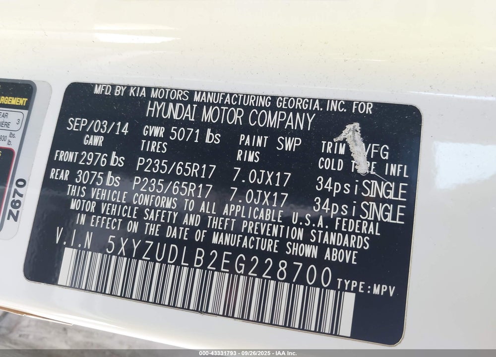 2014 HYUNDAI SANTA FE SPORT 2.4L VIN: 5XYZUDLB2EG228700