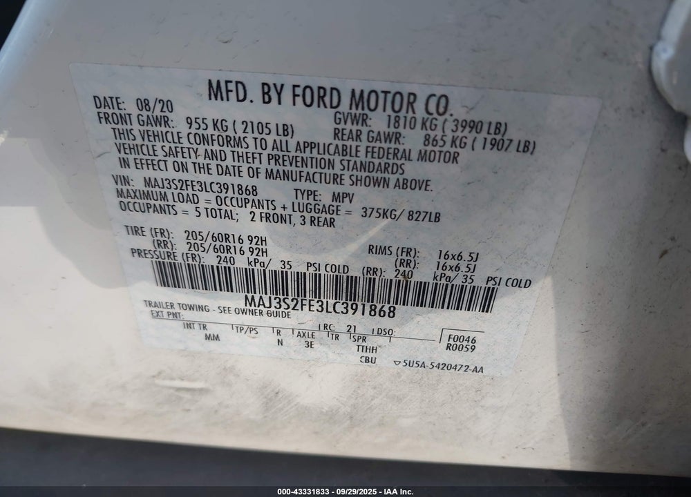 2020 FORD ECOSPORT VIN: MAJ3S2FE3LC391868