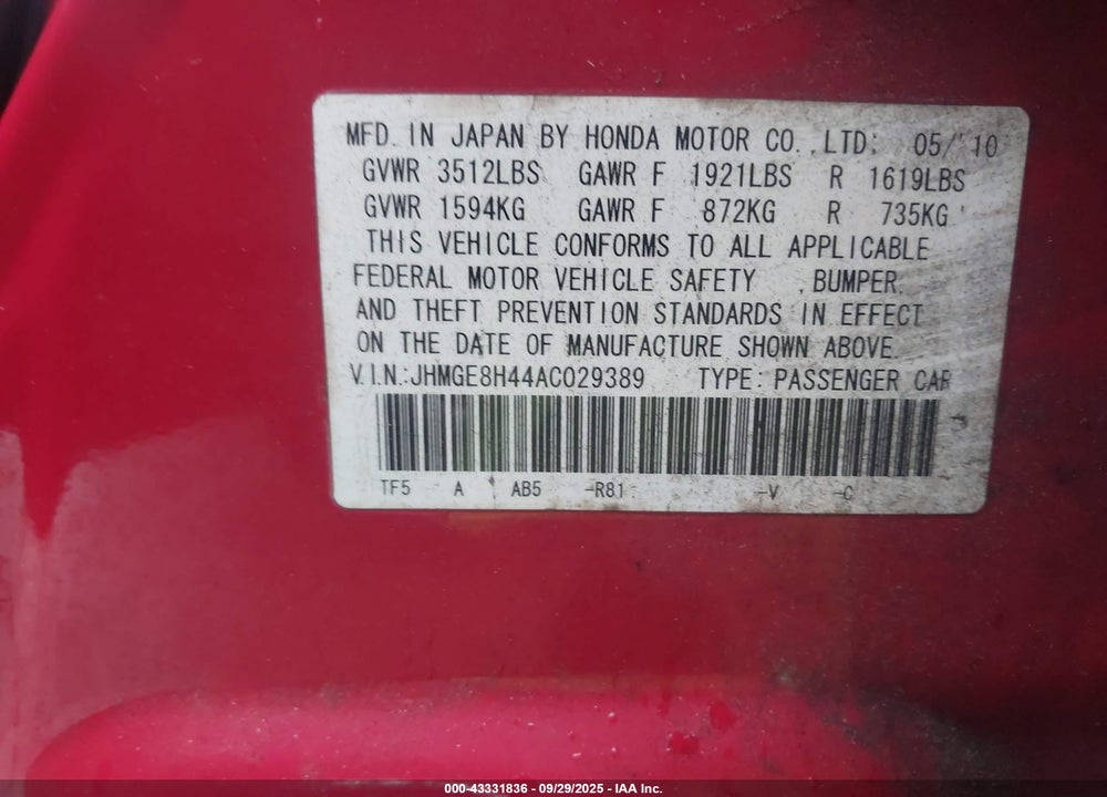 2010 HONDA FIT VIN: JHMGE8H44AC029389