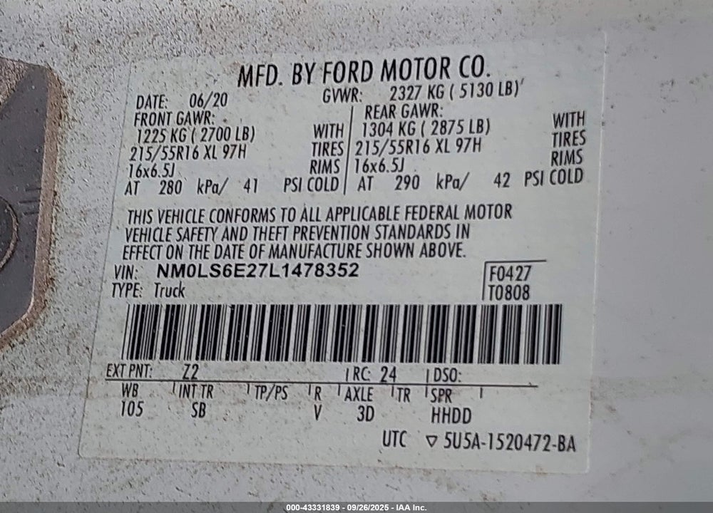2020 FORD TRANSIT CONNECT XL VIN: NM0LS6E27L1478352