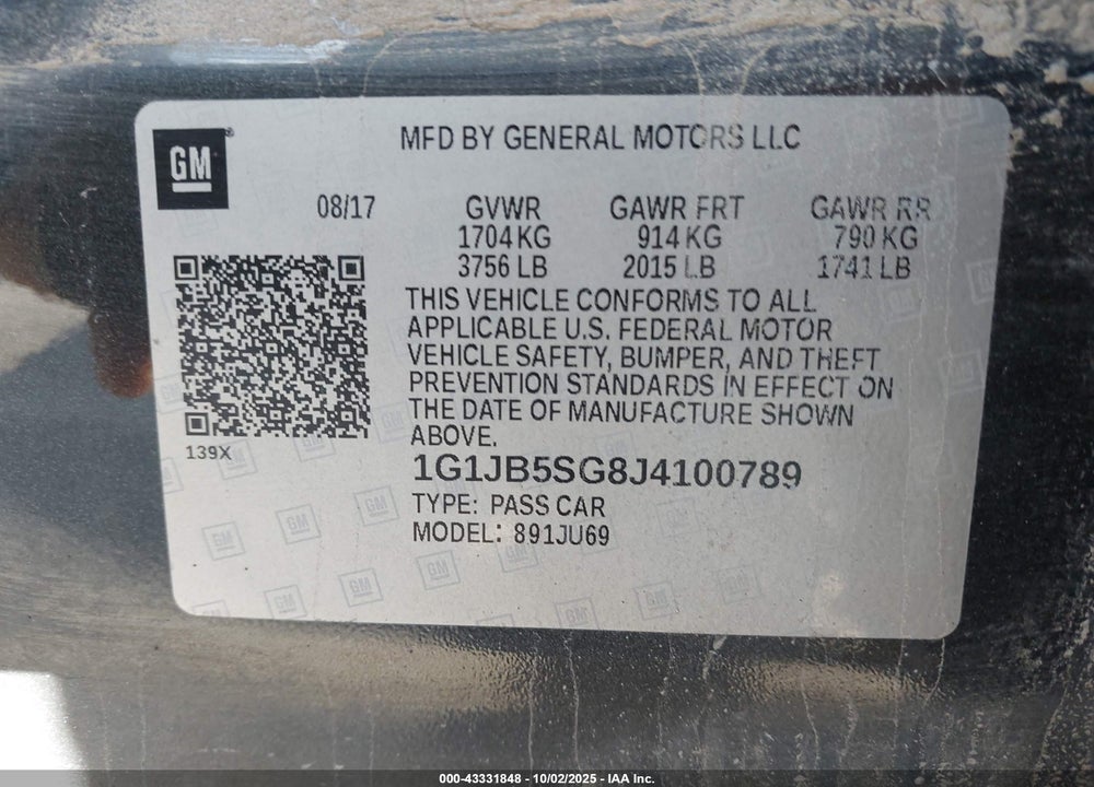 2018 CHEVROLET SONIC LS AUTO VIN: 1G1JB5SG8J4100789