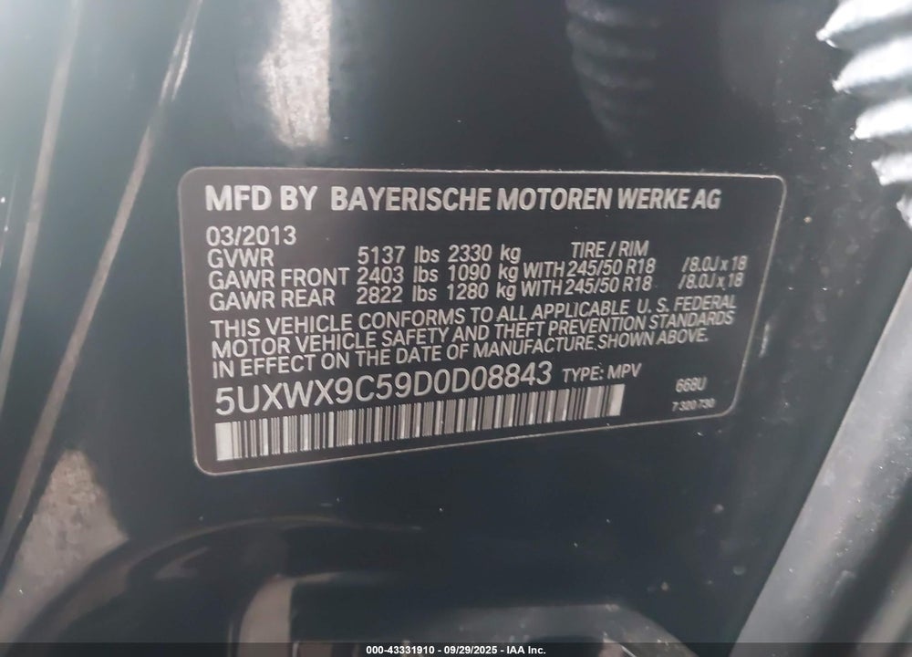 2013 BMW X3 XDRIVE28I VIN: 5UXWX9C59D0D08843