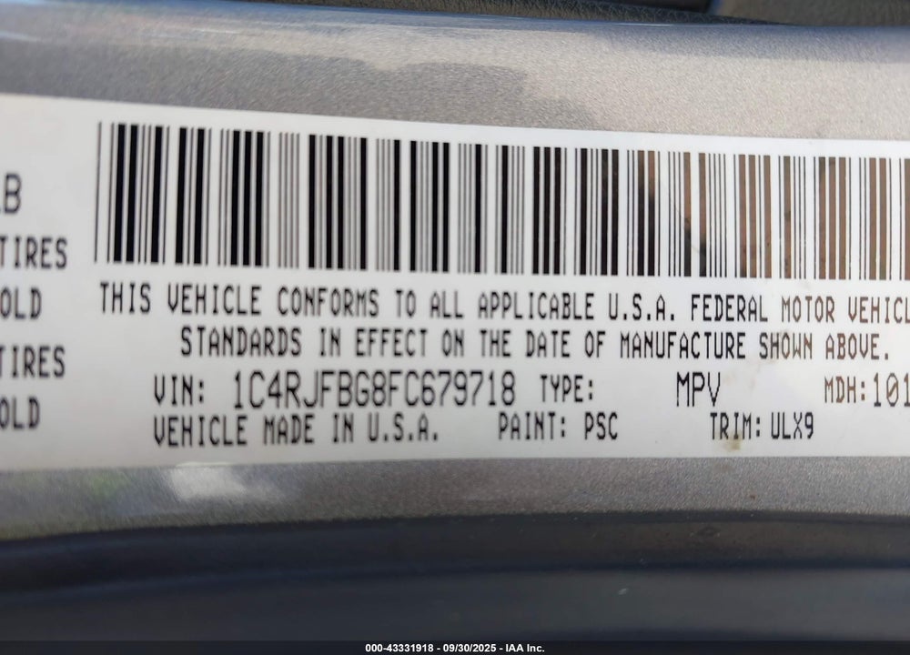 2015 JEEP GRAND CHEROKEE LIMITED VIN: 1C4RJFBG8FC679718