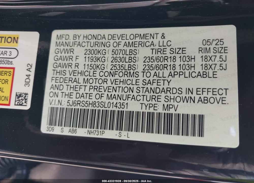 2025 HONDA CR-V VIN: 5J6RS5H83SL014351