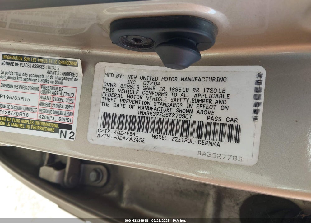 2005 TOYOTA COROLLA LE VIN: 1NXBR32E25Z378907