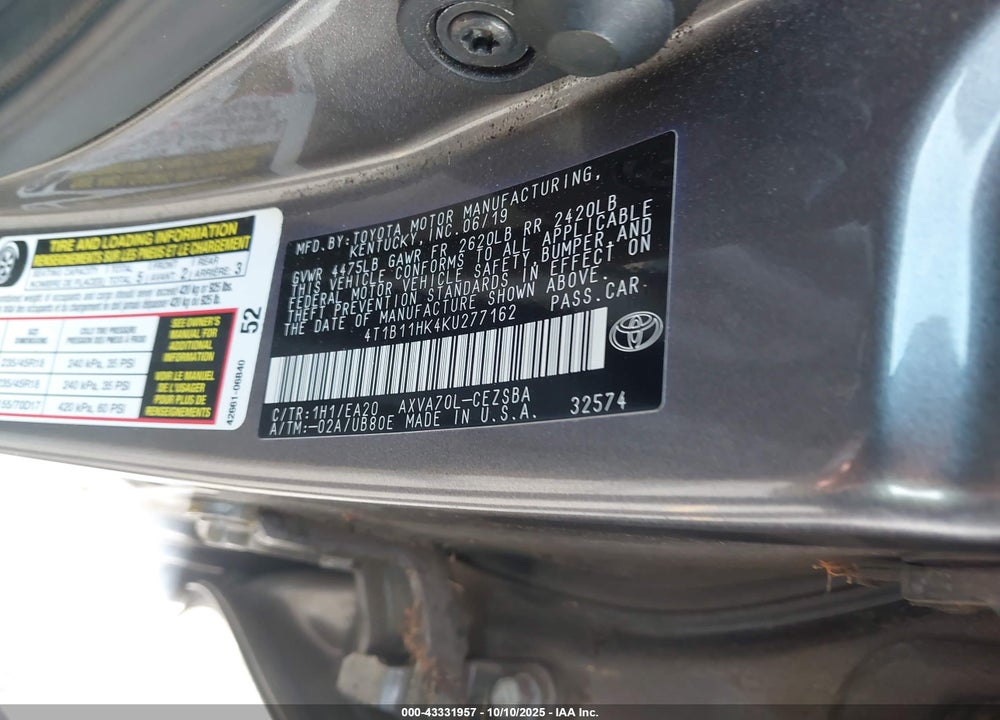 2019 TOYOTA CAMRY SE VIN: 4T1B11HK4KU277162