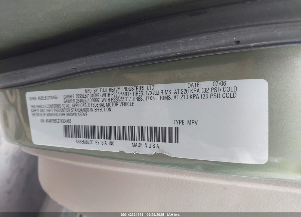2007 SUBARU OUTBACK 3.0R L.L. BEAN EDITION VIN: 4S4BP86C274304465