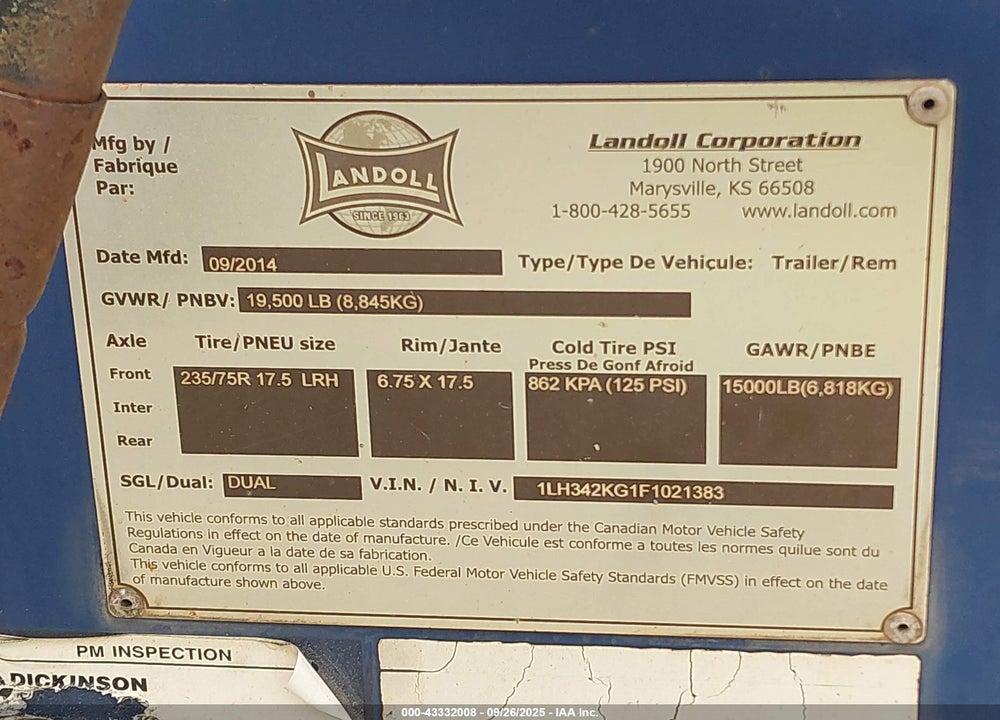 2015 LANDOLL CORP TRAILER VIN: 1LH342KG1F1021383