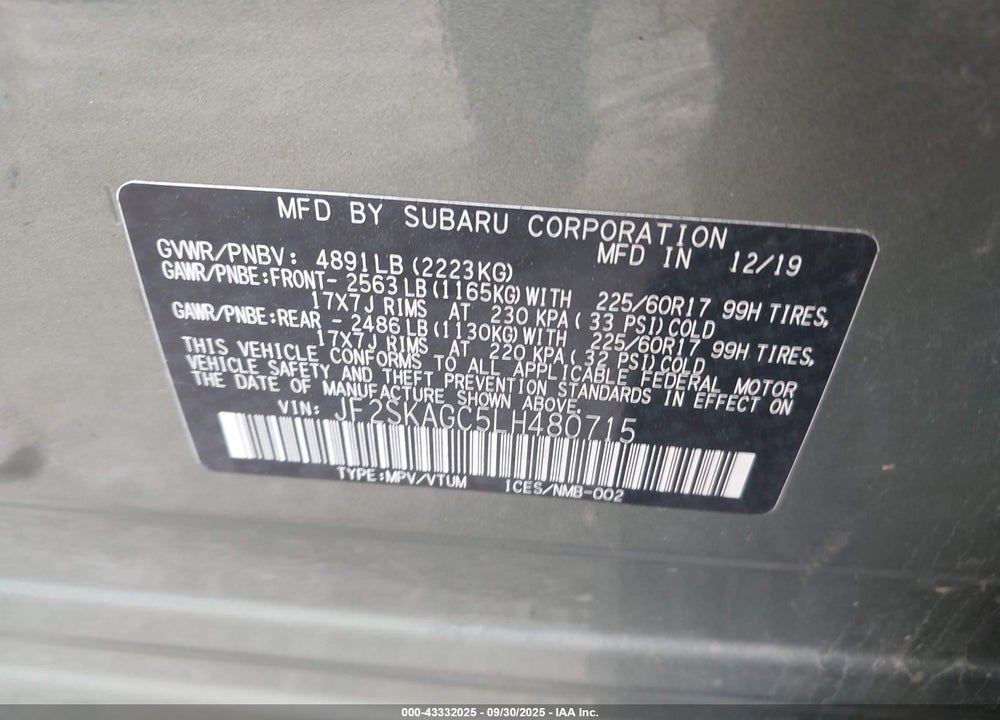 2020 SUBARU FORESTER PREMIUM VIN: JF2SKAGC5LH480715