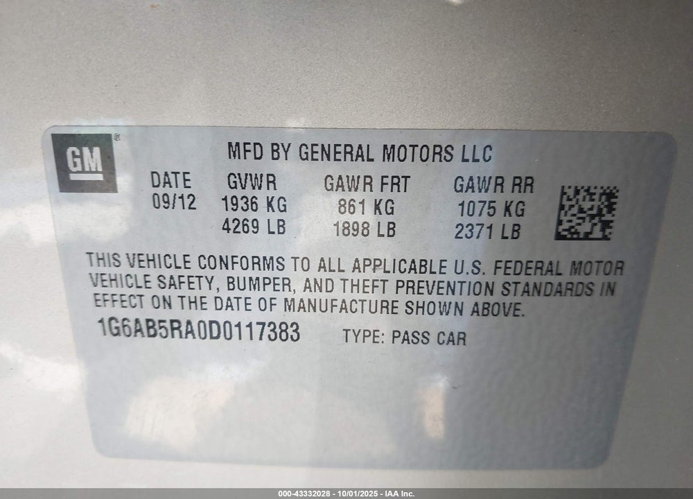 2013 CADILLAC ATS VIN: 1G6AB5RA0D0117383