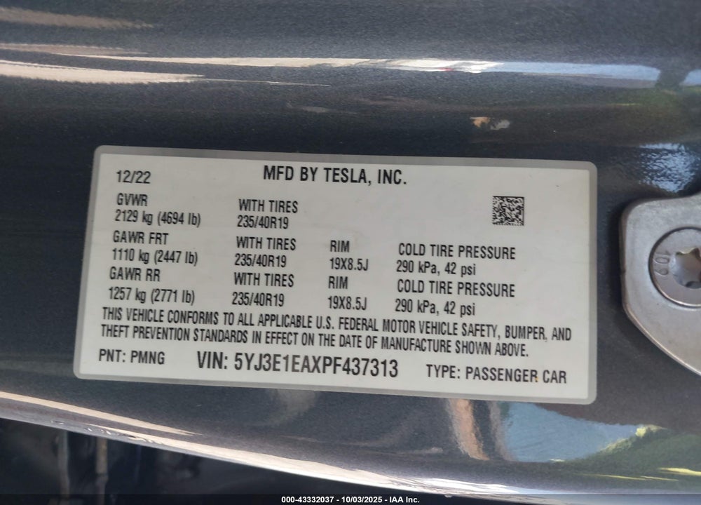 2023 TESLA MODEL 3 REAR-WHEEL DRIVE VIN: 5YJ3E1EAXPF437313