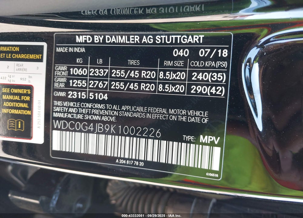 2019 MERCEDES-BENZ GLC 300 VIN: WDC0G4JB9K1002226