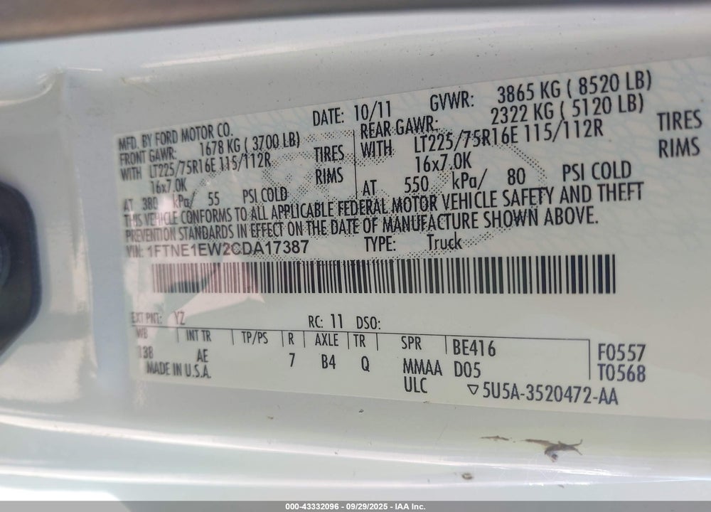 2012 FORD E-150 COMMERCIAL VIN: 1FTNE1EW2CDA17387