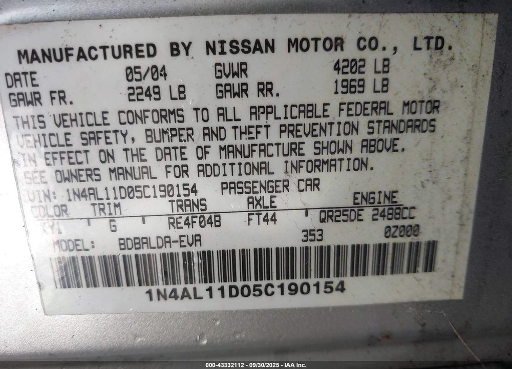 2005 NISSAN ALTIMA 2.5 S VIN: 1N4AL11D05C190154