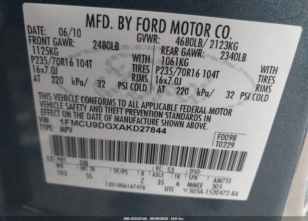 2010 FORD ESCAPE XLT VIN: 1FMCU9DGXAKD27844