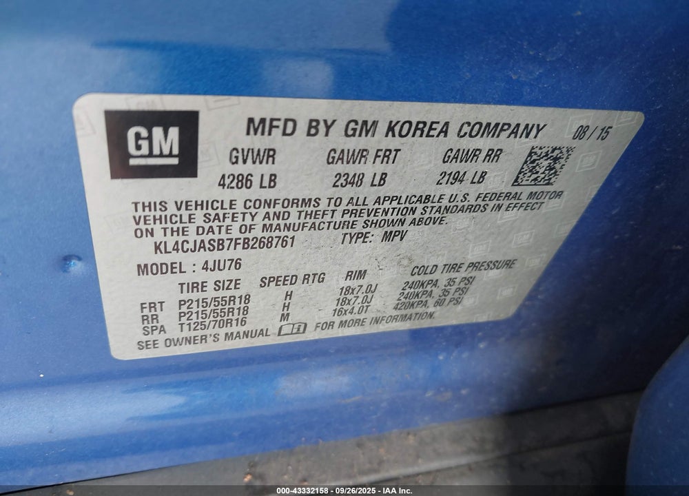 2015 BUICK ENCORE VIN: KL4CJASB7FB268761