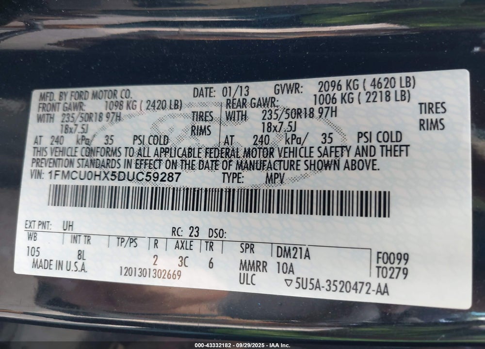 2013 FORD ESCAPE VIN: 1FMCU0HX5DUC59287
