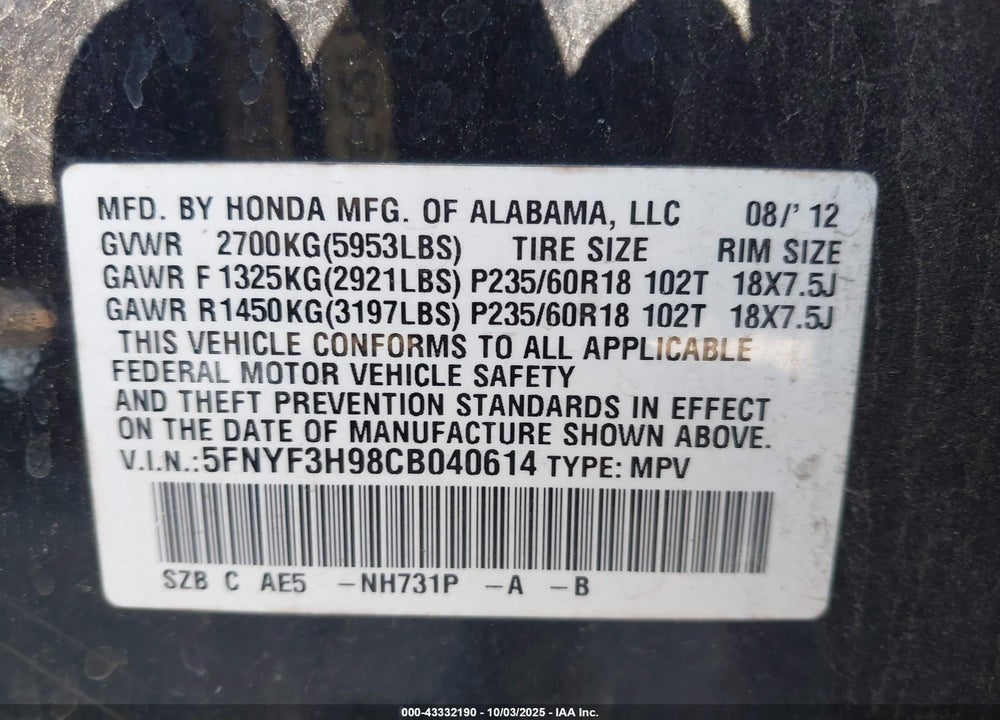 2012 HONDA PILOT VIN: 5FNYF3H98CB040614