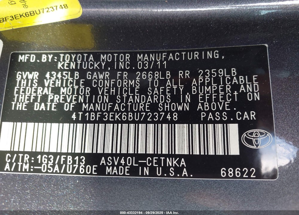 2011 TOYOTA CAMRY LE VIN: 4T1BF3EK6BU723748
