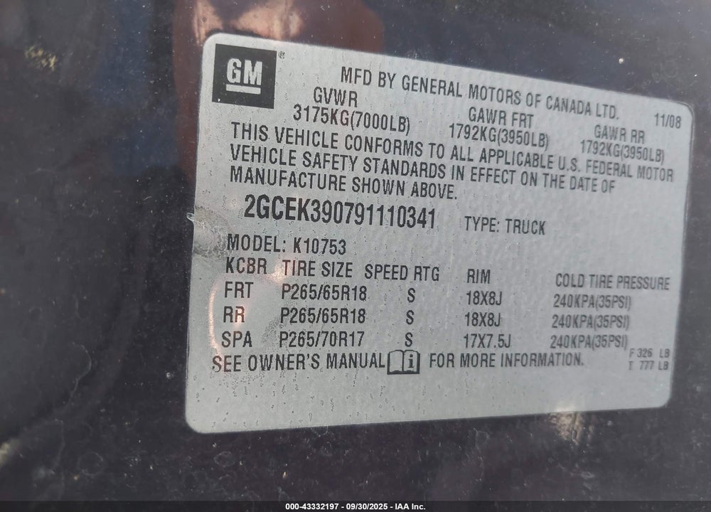 2009 CHEVROLET SILVERADO 1500 VIN: 2GCEK390791110341