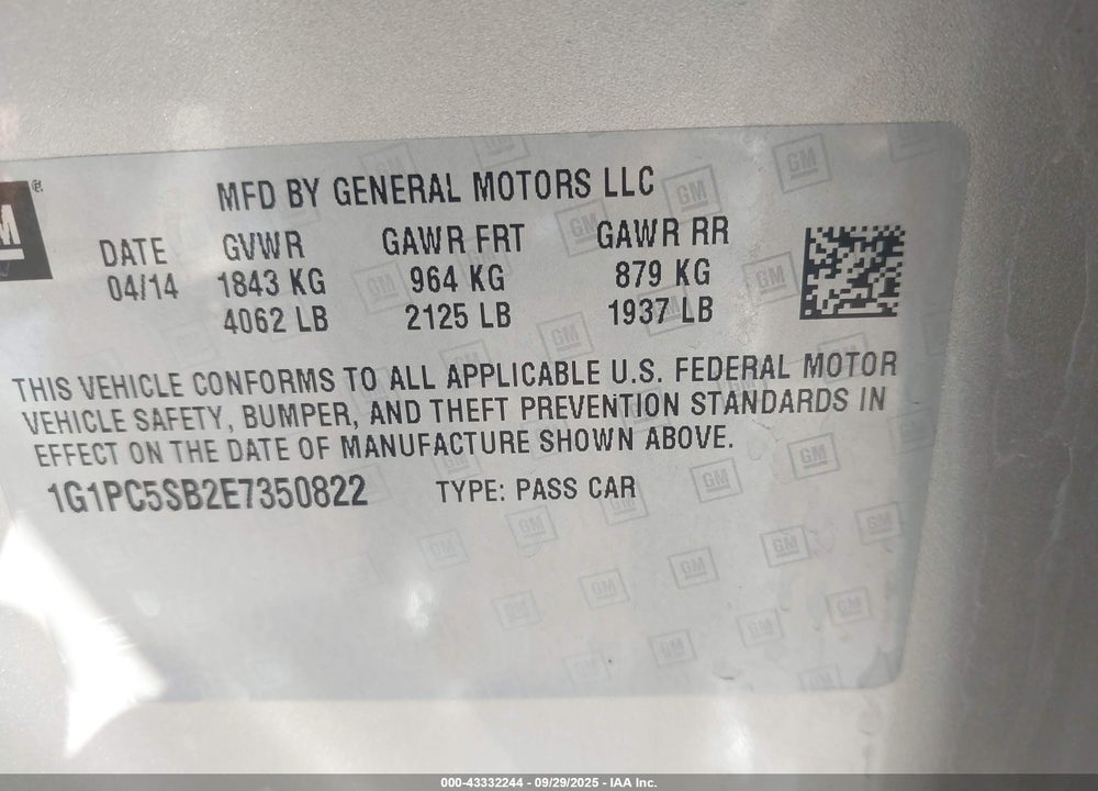 2014 CHEVROLET CRUZE VIN: 1G1PC5SB2E7350822