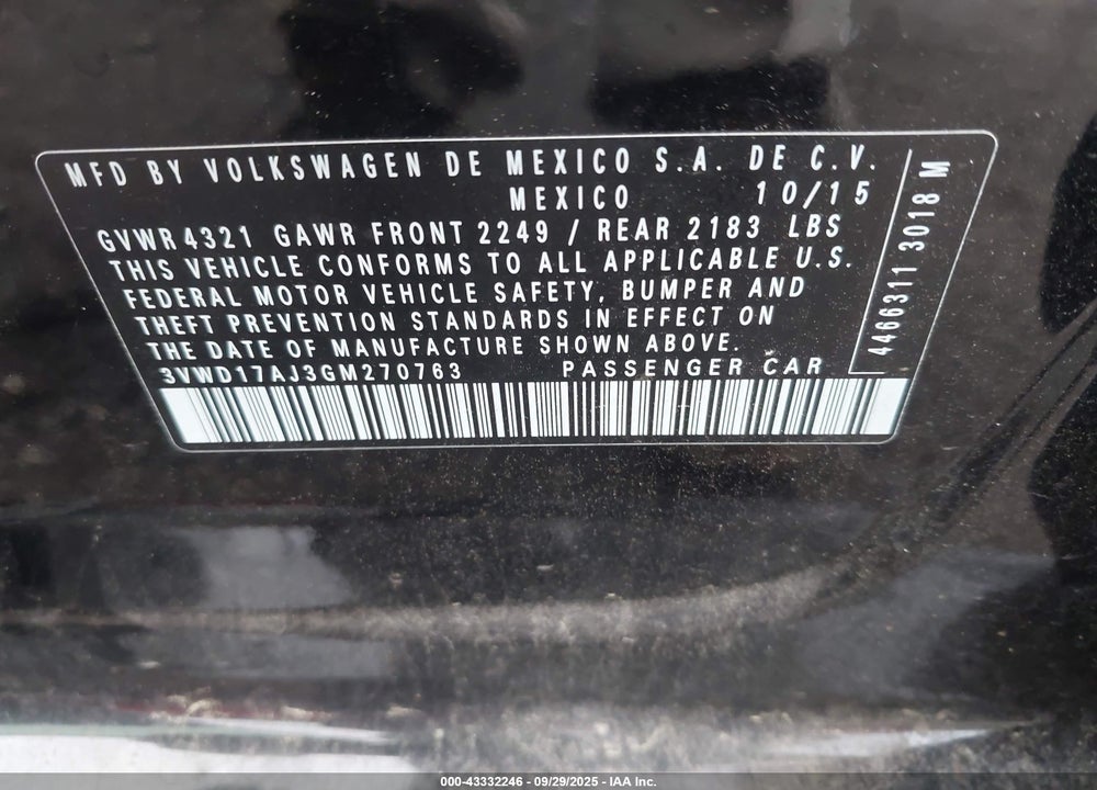 2016 VOLKSWAGEN JETTA VIN: 3VWD17AJ3GM270763