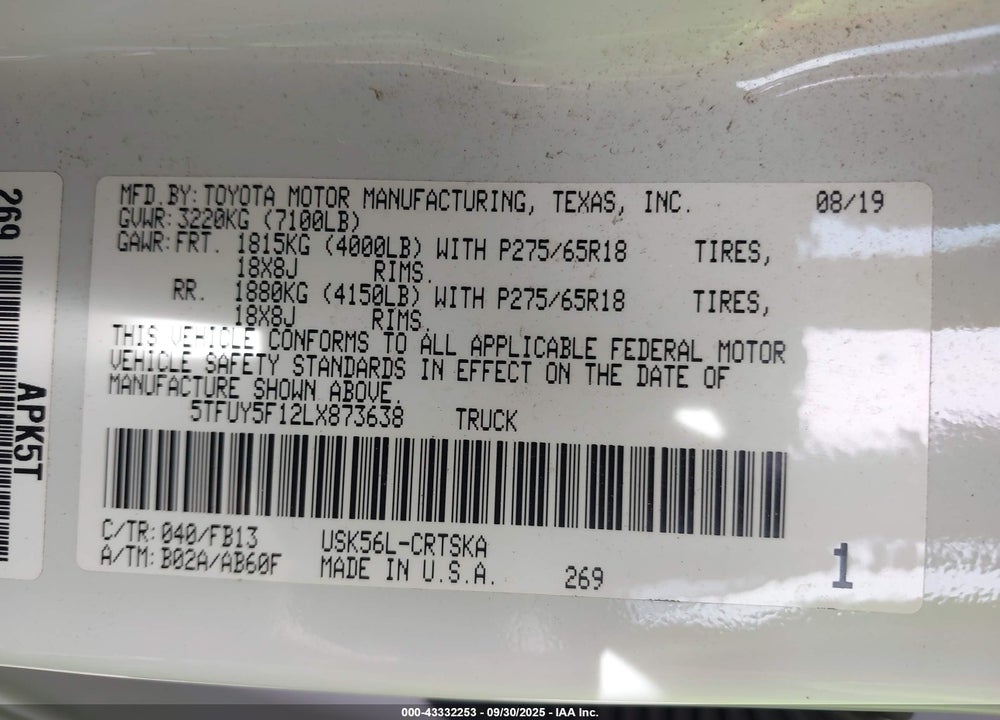 2020 TOYOTA TUNDRA VIN: 5TFUY5F12LX873638