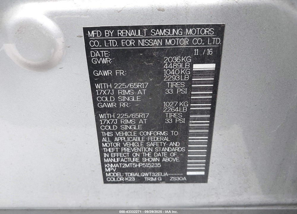 2017 NISSAN ROGUE VIN: KNMAT2MT5HP515235