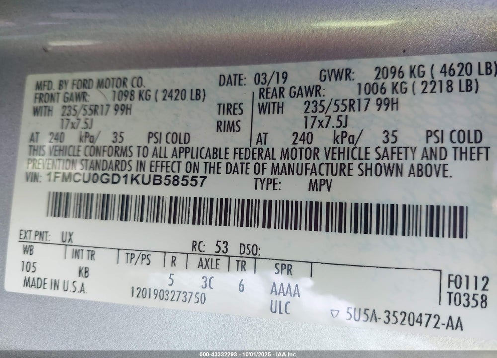 2019 FORD ESCAPE VIN: 1FMCU0GD1KUB58557