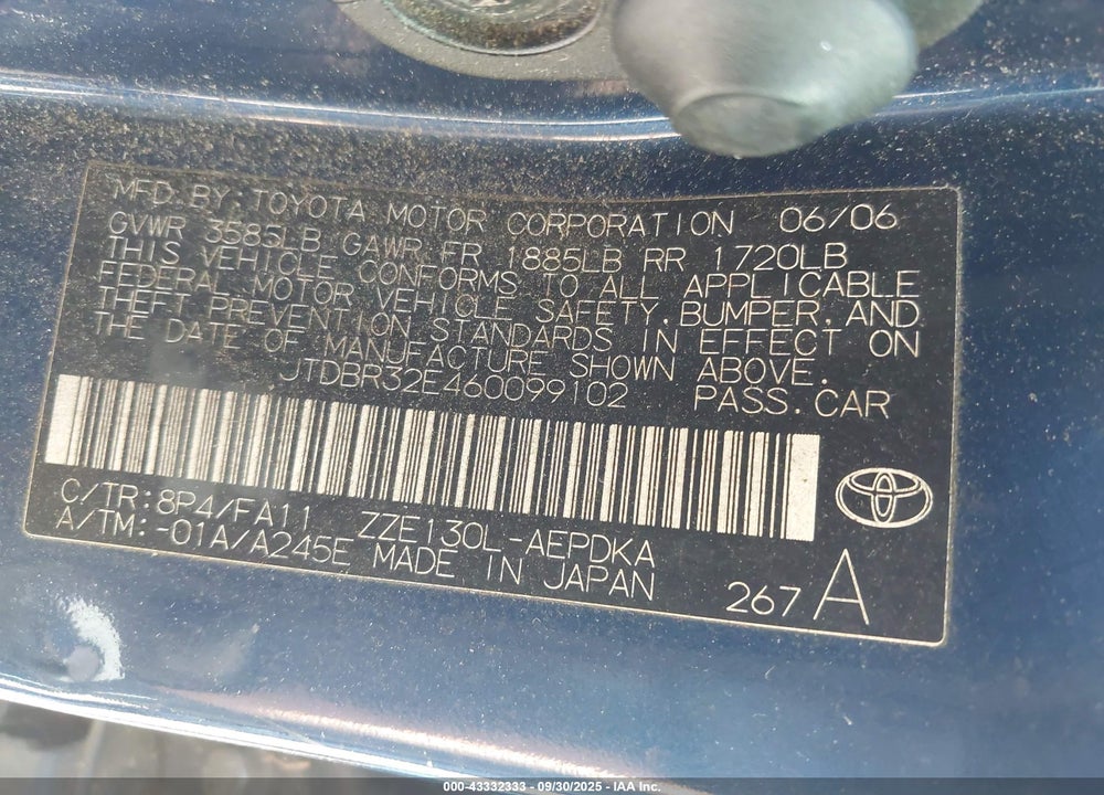 2006 TOYOTA COROLLA CE/LE VIN: JTDBR32E460099102