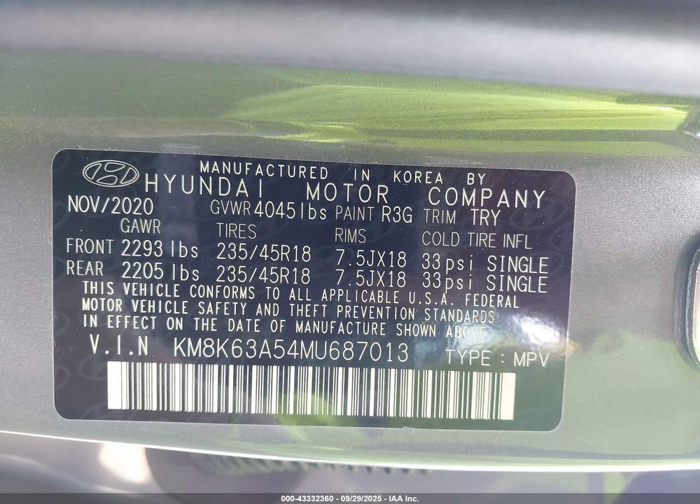 2021 HYUNDAI KONA VIN: KM8K63A54MU687013