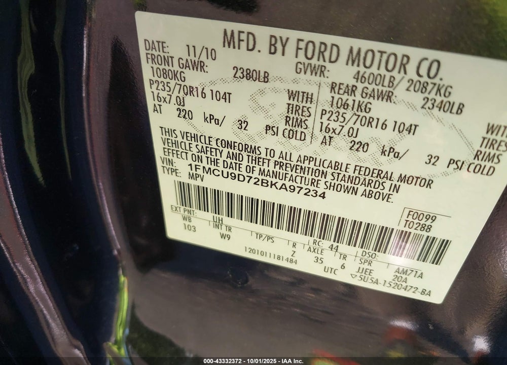 2011 FORD ESCAPE VIN: 1FMCU9D72BKA97234