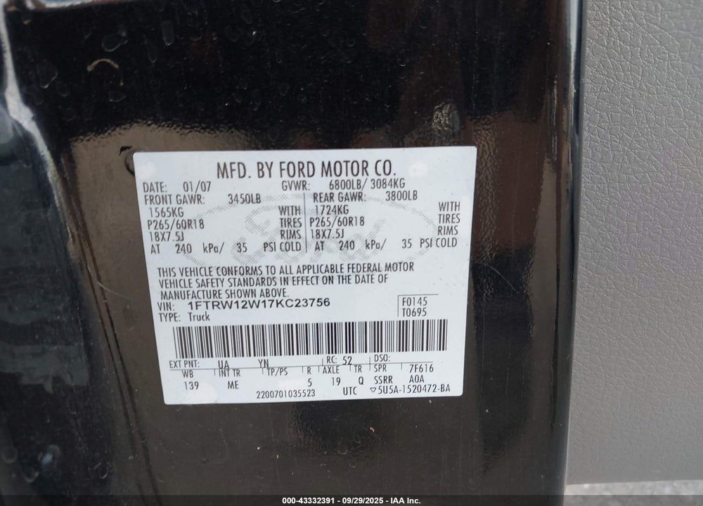 2007 FORD F-150 XLT VIN: 1FTRW12W17KC23756