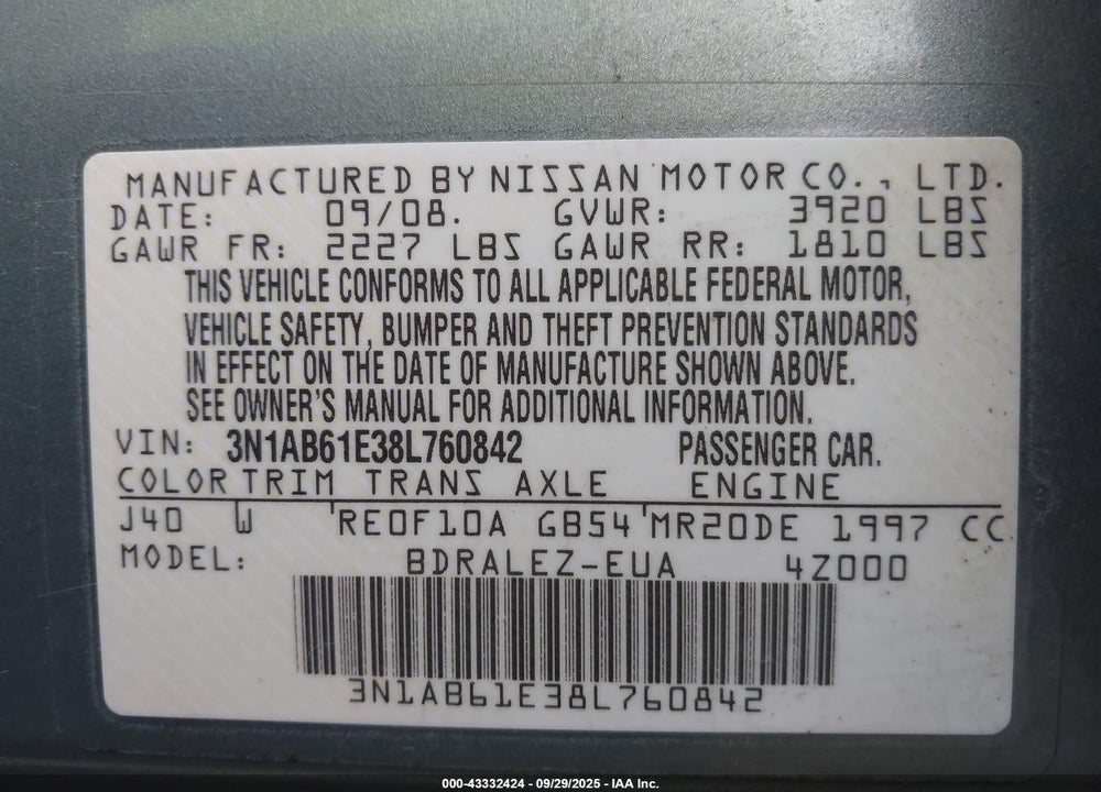 2008 NISSAN SENTRA 2.0S VIN: 3N1AB61E38L760842