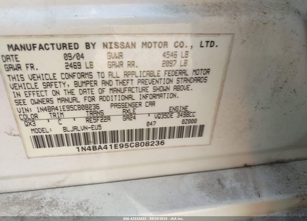2005 NISSAN MAXIMA 3.5 SL VIN: 1N4BA41E95C808236