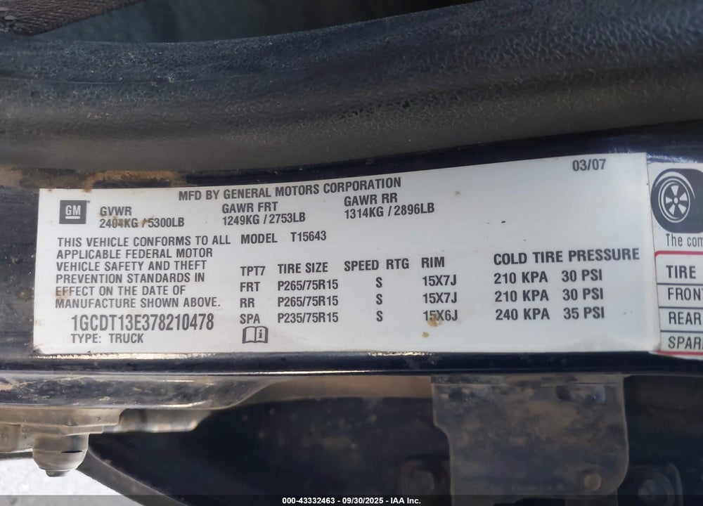 2007 CHEVROLET COLORADO LT VIN: 1GCDT13E378210478